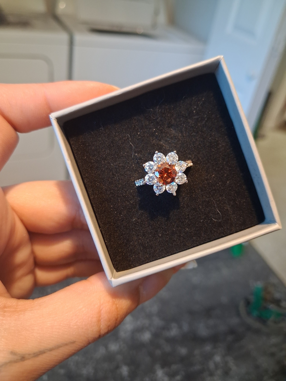 Red Halo Flower Ring with Clear Accents